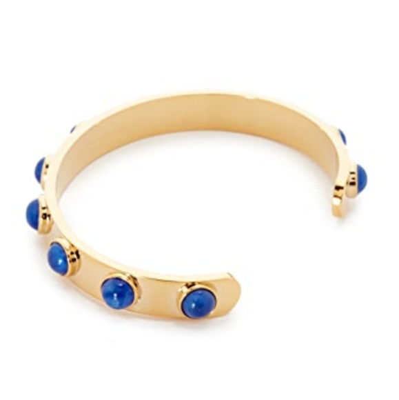 kate spade Gold Tone Tag Along Cuff Bracelet With Blue Inset Round Stones NWT - Picture 2 of 8